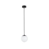 Modern pendant light with white glass and black metal, minimalist design for living spaces.