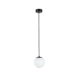 Modern pendant light with white glass and black metal, minimalist design for living spaces.