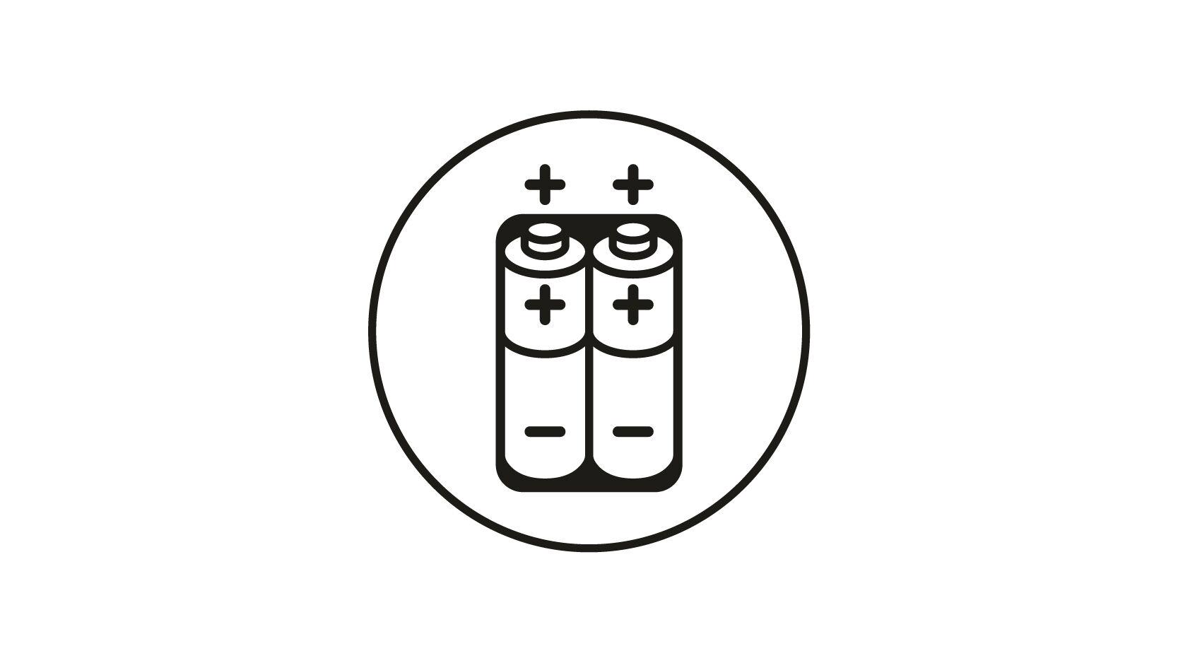Piktogram med to batterier med plus- og minuspoler, der viser polaritet for batterisikkerhed