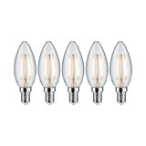 Fünf klare LED-Kerzenlampen mit E14-Fassung und warmweißem Licht für dekorative Beleuchtung