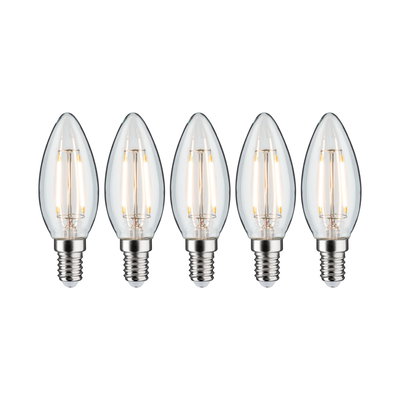 Fünf klare LED-Kerzenlampen mit E14-Fassung und warmweißem Licht für dekorative Beleuchtung