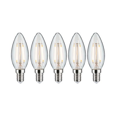 Five clear LED candle bulbs with E14 base and warm white light for decorative lighting