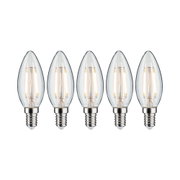 Fünf klare LED-Kerzenlampen mit E14-Fassung und warmweißem Licht für dekorative Beleuchtung