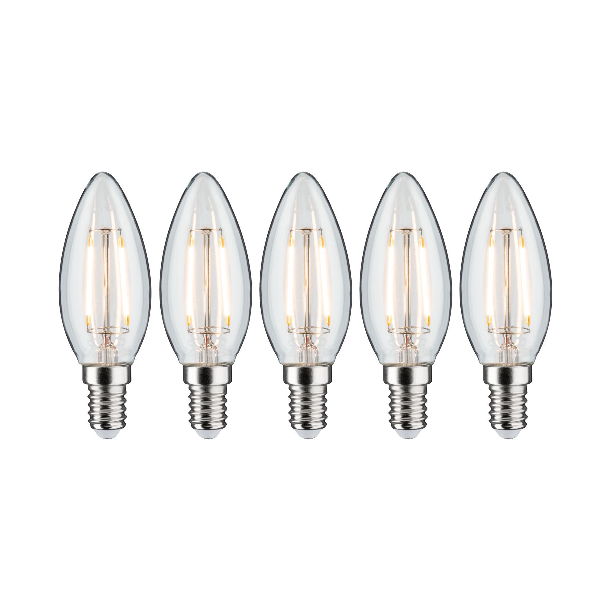Fünf klare LED-Kerzenlampen mit E14-Fassung und warmweißem Licht für dekorative Beleuchtung