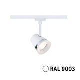 Moderner weißer LED-Strahler mit Chromring für Schienensystembeleuchtung in RAL 9003 Weiß.