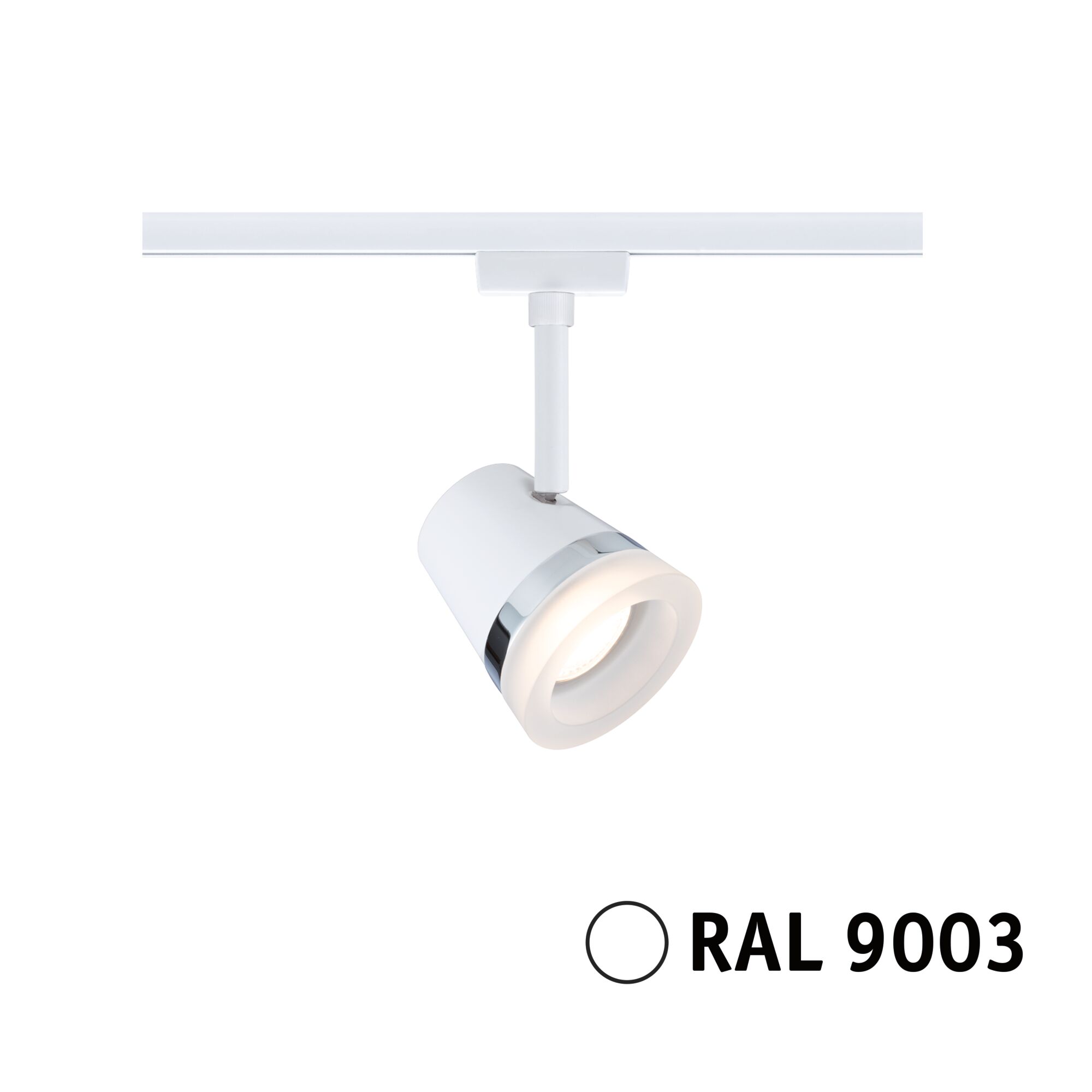 Modern white LED spotlight with chrome ring for track lighting system in RAL 9003 white.