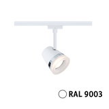 Modern white LED spotlight with chrome ring for track lighting system in RAL 9003 white.