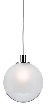 Modern pendant light with frosted and clear glass globe, silver metal fitting, LED lighting fixture