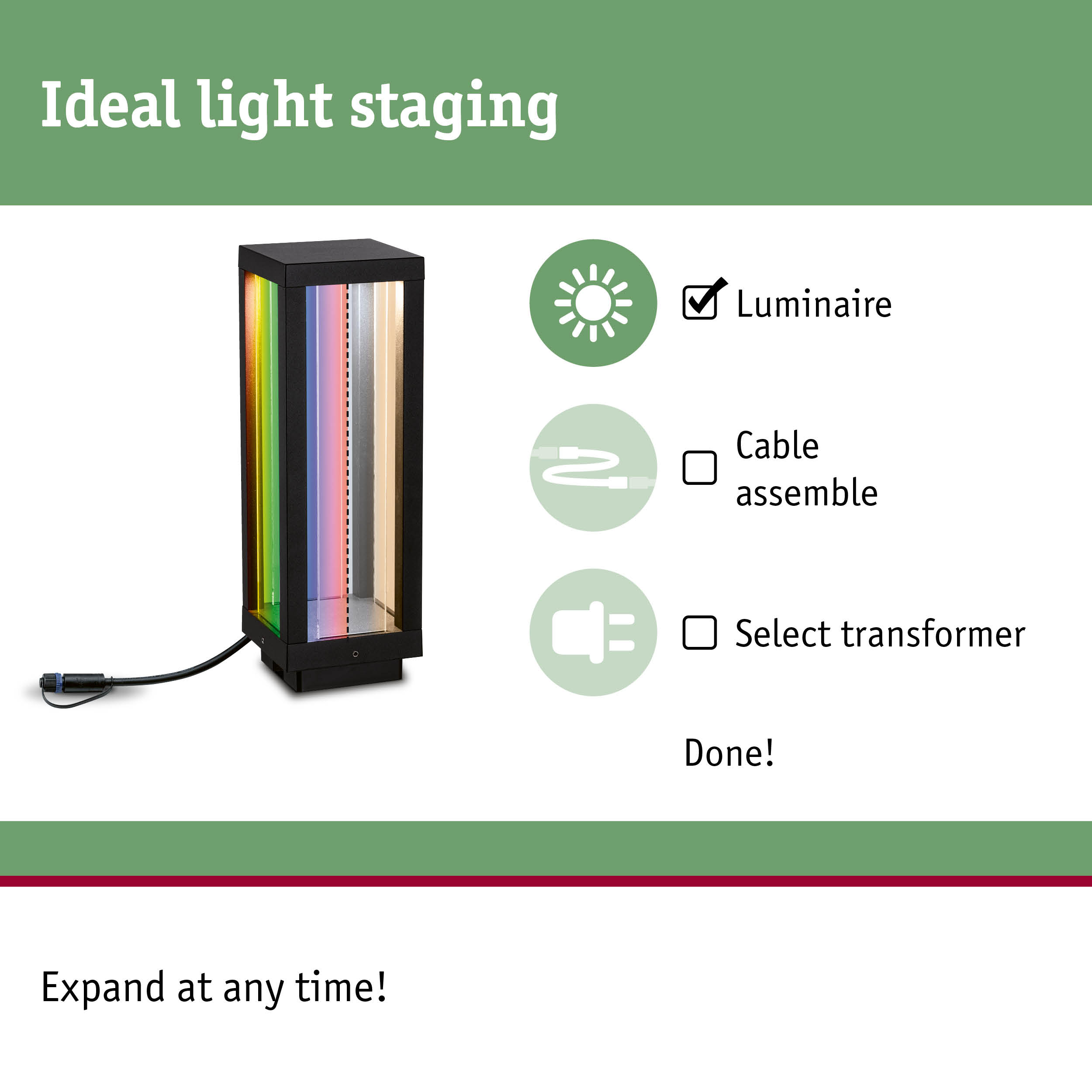 Black LED light column with multicoloured transparent panels for decorative indoor lighting