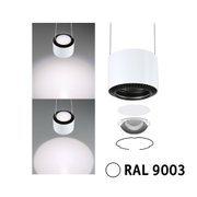 Moderner weißer LED-Pendelleuchte mit austauschbaren Linsen und RAL 9003 Lackierung für Wohnräume.