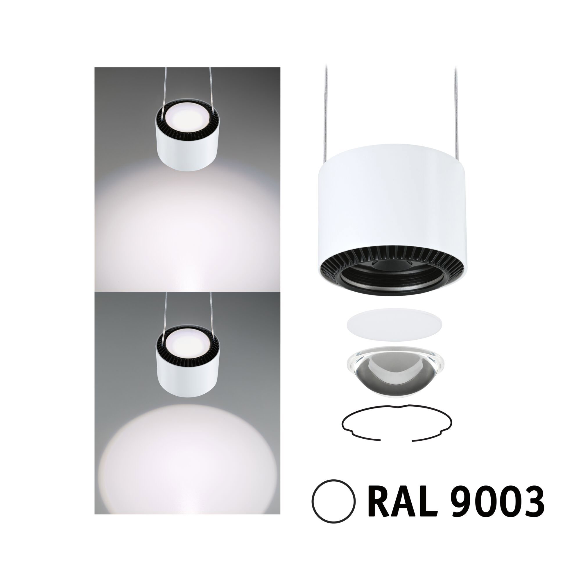 Moderner weißer LED-Pendelleuchte mit austauschbaren Linsen und RAL 9003 Lackierung für Wohnräume.