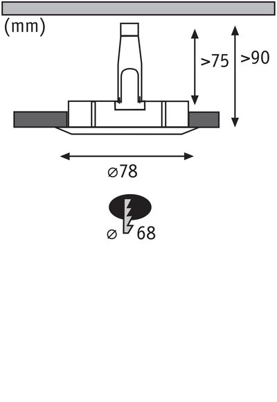 Technische Zeichnung eines Einbaustrahler mit 78 mm Durchmesser und 90 mm Einbautiefe