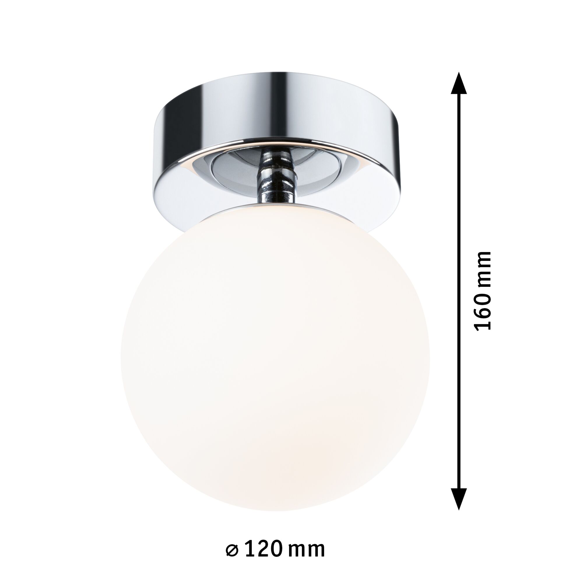 Ceiling light with white glass globe and chrome metal mount, 120 mm diameter, 160 mm height