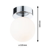 Plafonnier avec globe en verre blanc et support métal chromé, diamètre 120 mm, hauteur 160 mm