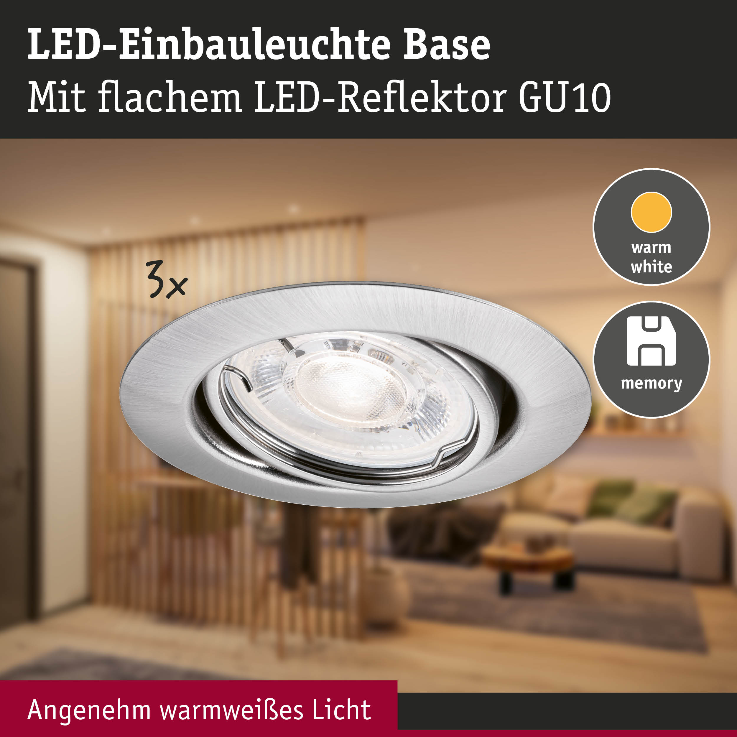LED-Einbauleuchte Base aus gebürstetem Aluminium mit warmweißem Licht und GU10 LED-Reflektor