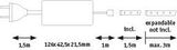 Schéma technique d’un câble d’extension blanc avec dimensions et longueur maximale extensible de 3 mètres