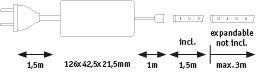 Technical drawing of white extension cable with dimensions and max extendable length 3 meters