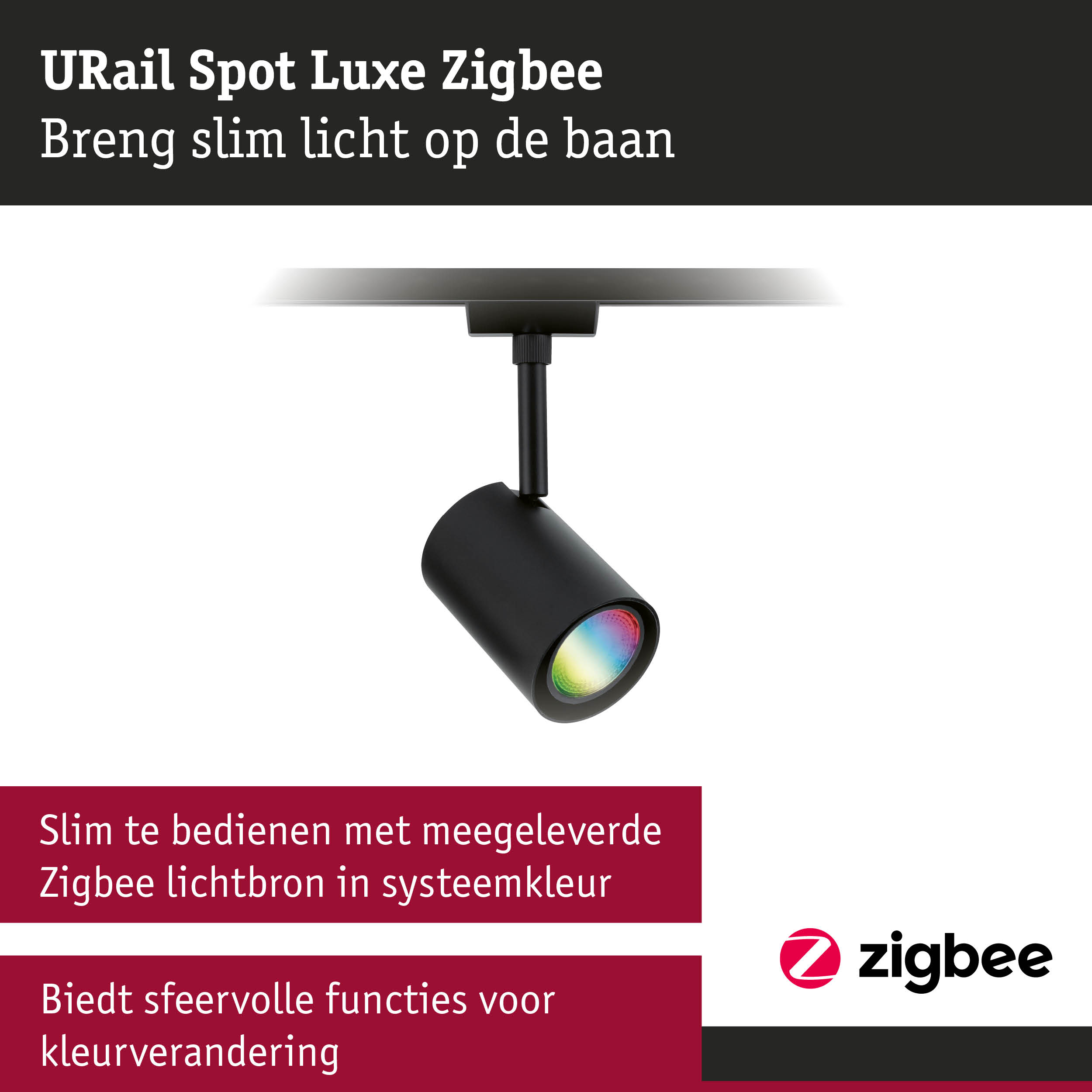 Zwarte URail Spot Luxe Zigbee LED-spot met kleurveranderende lichtbron voor slimme verlichting