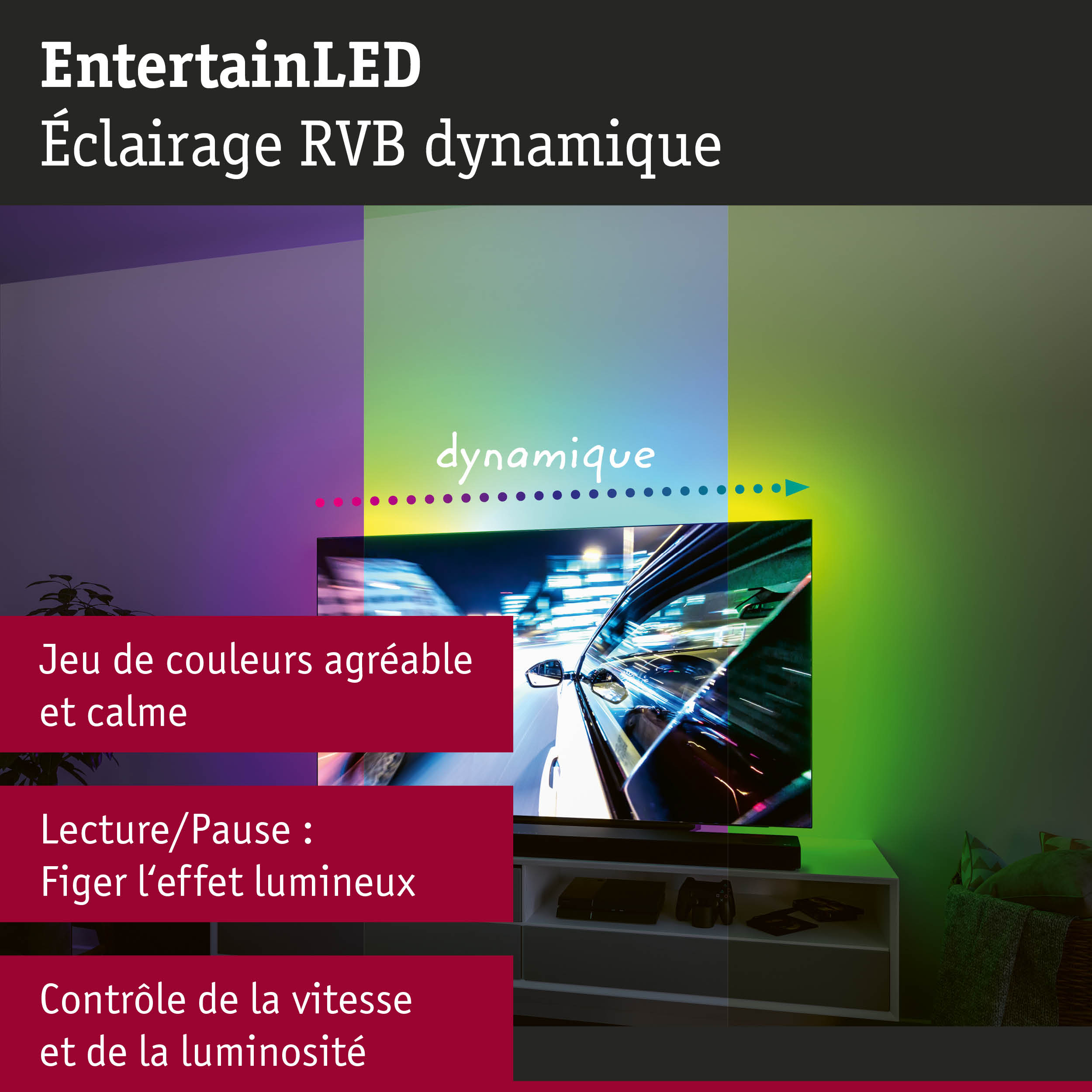 Éclairage LED RVB dynamique derrière la télévision avec effets de couleur pour ambiance lumineuse