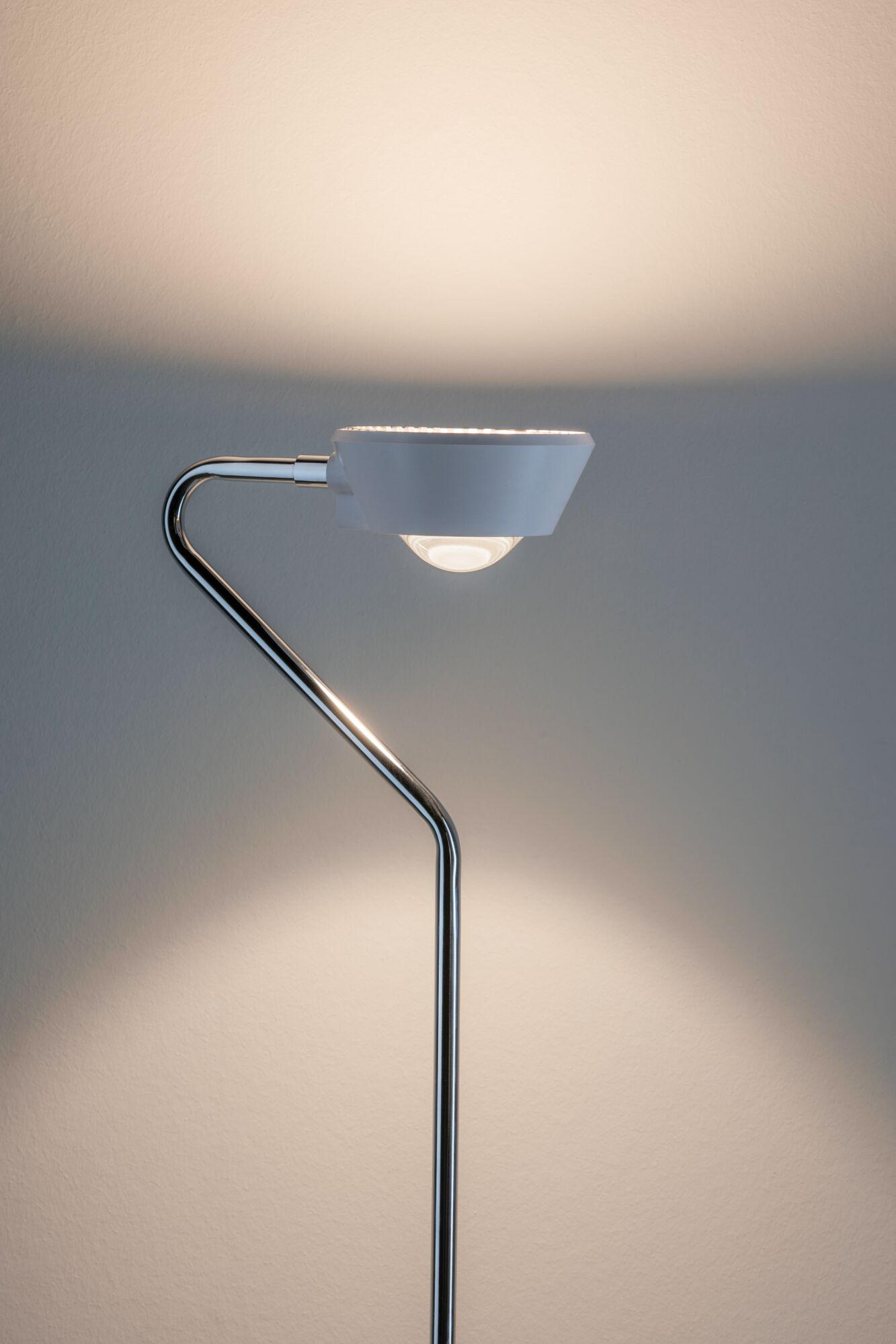 Modern floor lamp with white shade and chrome metal frame for stylish home lighting