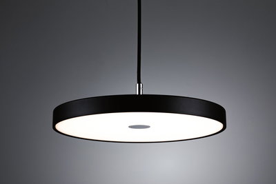Runde LED-Pendelleuchte mit schwarzem Metallrahmen und weißem Diffusor für modernes Wohnambiente