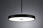 Runde LED-Pendelleuchte mit schwarzem Metallrahmen und weißem Diffusor für modernes Wohnambiente