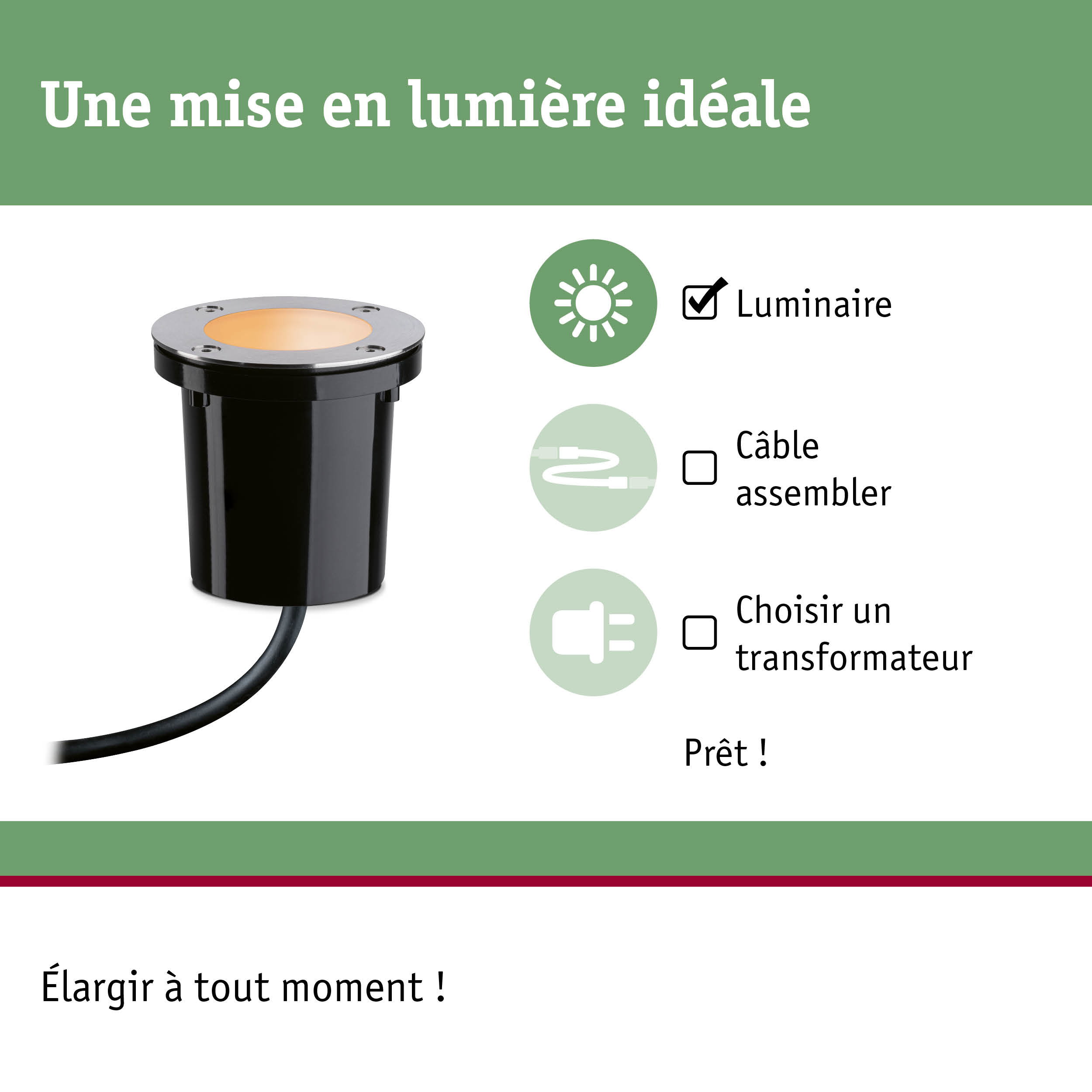 Luminaire encastré au sol noir avec bord en acier inoxydable et lumière LED blanc chaud pour éclairage extérieur