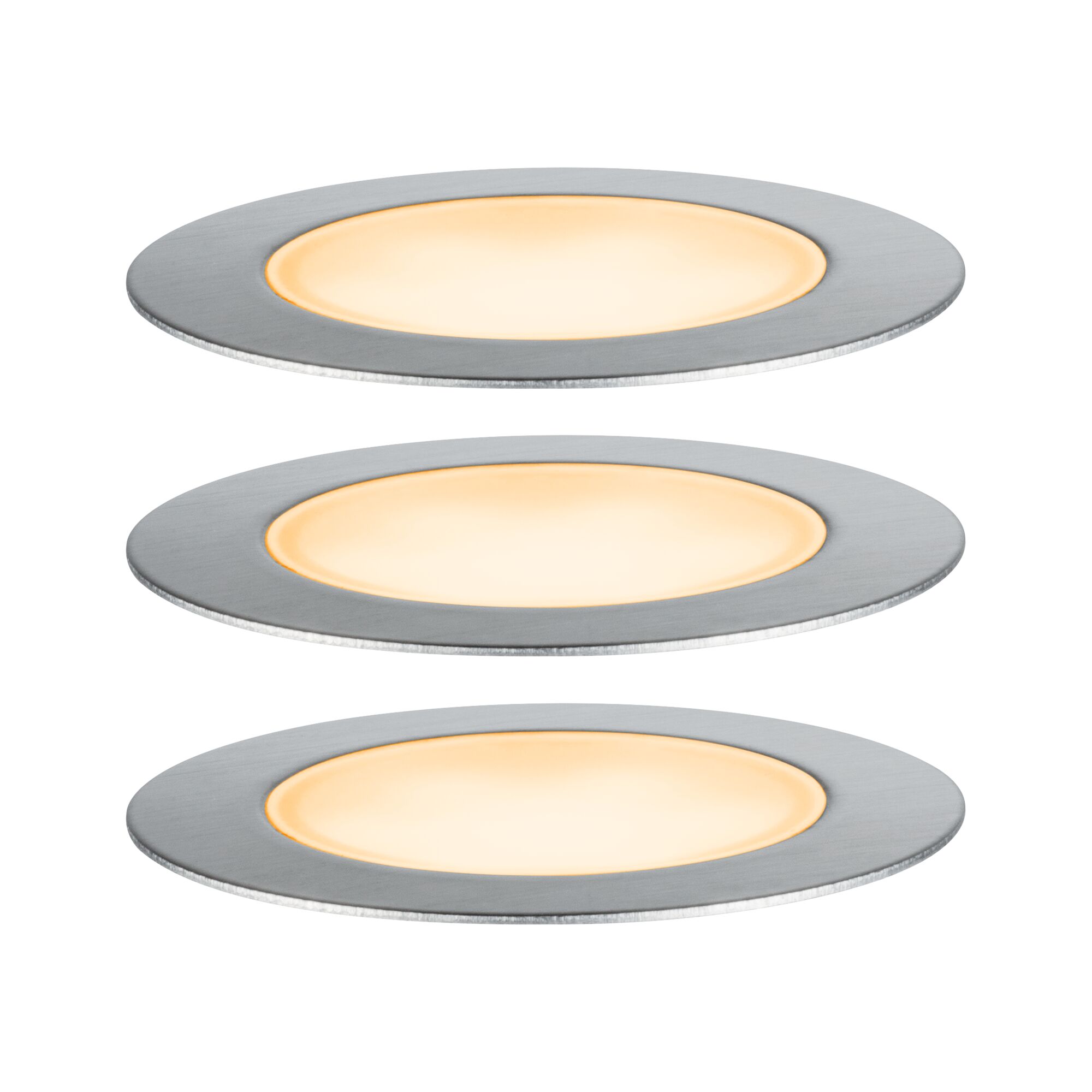 Drie ronde LED-inbouwspots van geborsteld aluminium met warm wit licht voor woonruimtes.