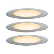Three round LED recessed lights in brushed aluminum with warm white light for living spaces.
