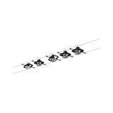 Five black metal LED cable spotlights on silver wires for flexible interior lighting