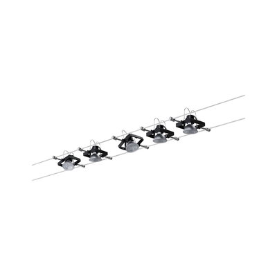 Five black metal LED cable spotlights on silver wires for flexible interior lighting