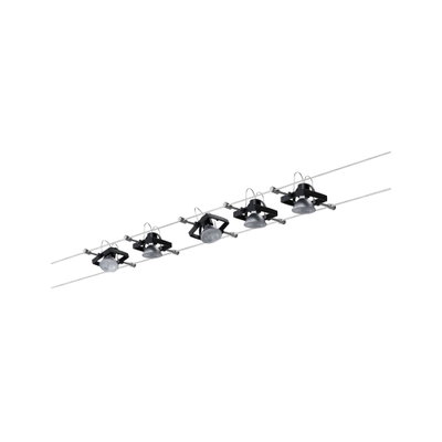 Vijf zwarte metalen LED-kabelspots aan zilveren draden voor flexibele binnenverlichting
