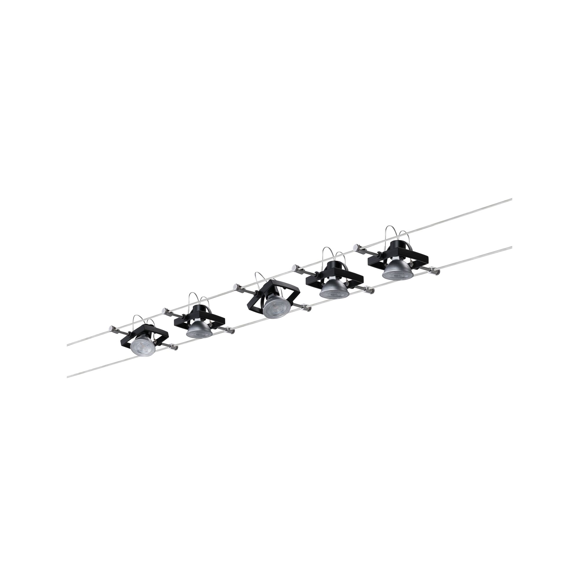 Fünf schwarze LED-Seilstrahler aus Metall an silbernen Kabeln für flexible Raumbeleuchtung