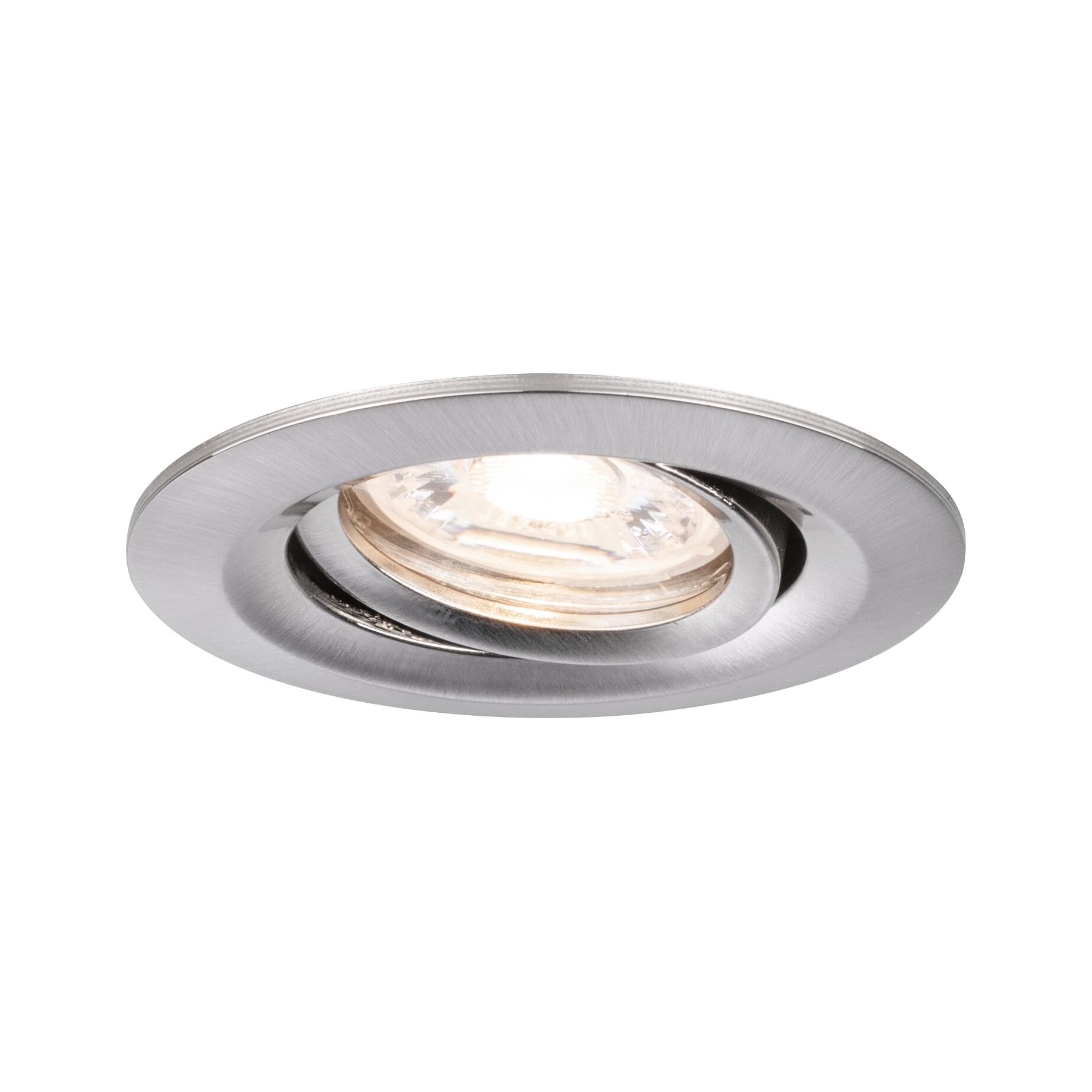 Round recessed LED spotlight made of brushed aluminum in silver for modern room lighting solutions.