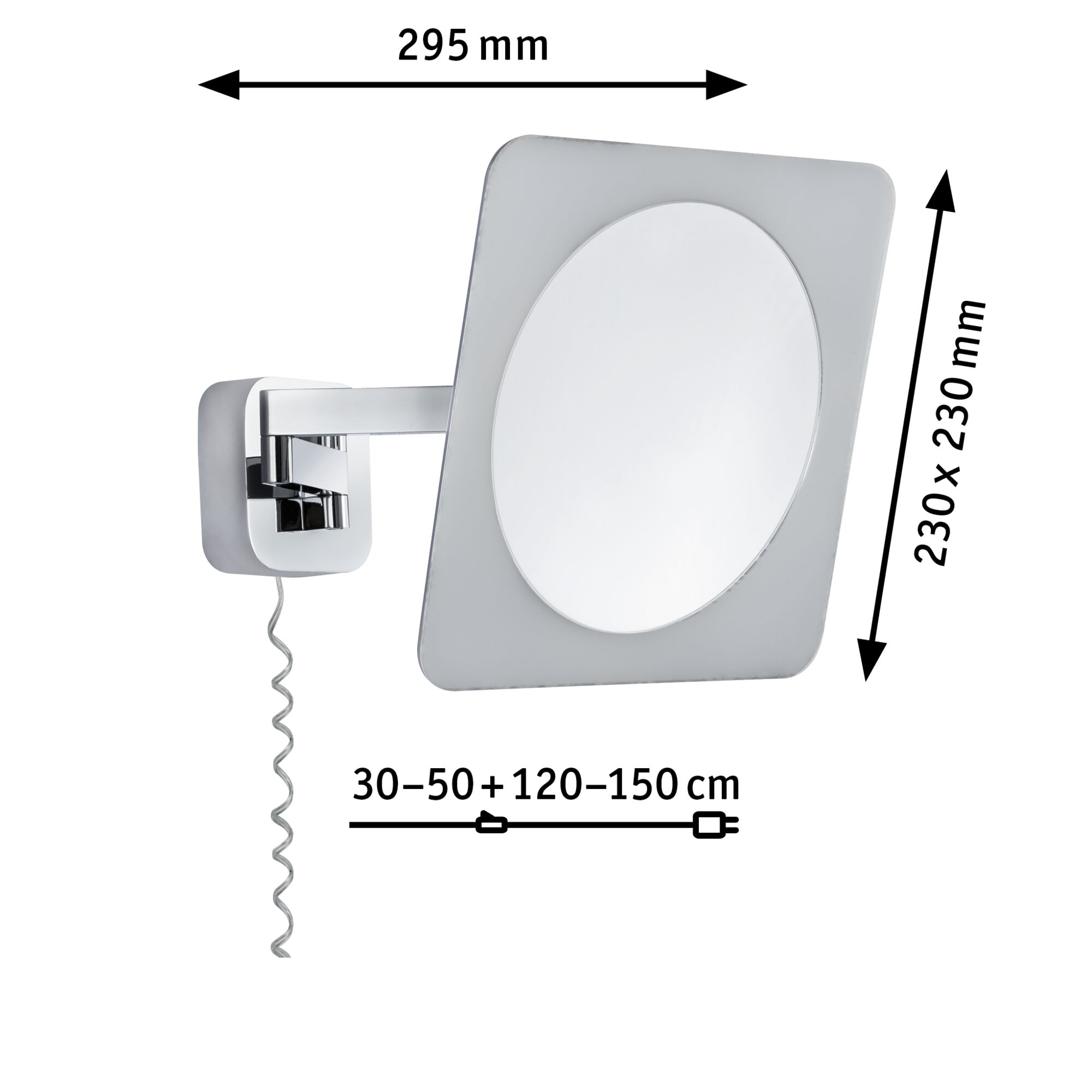 Wall mirror with chrome arm and white square frame, dimensions 295x230 mm, bathroom mirror