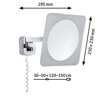 Wall mirror with chrome arm and white square frame, dimensions 295x230 mm, bathroom mirror