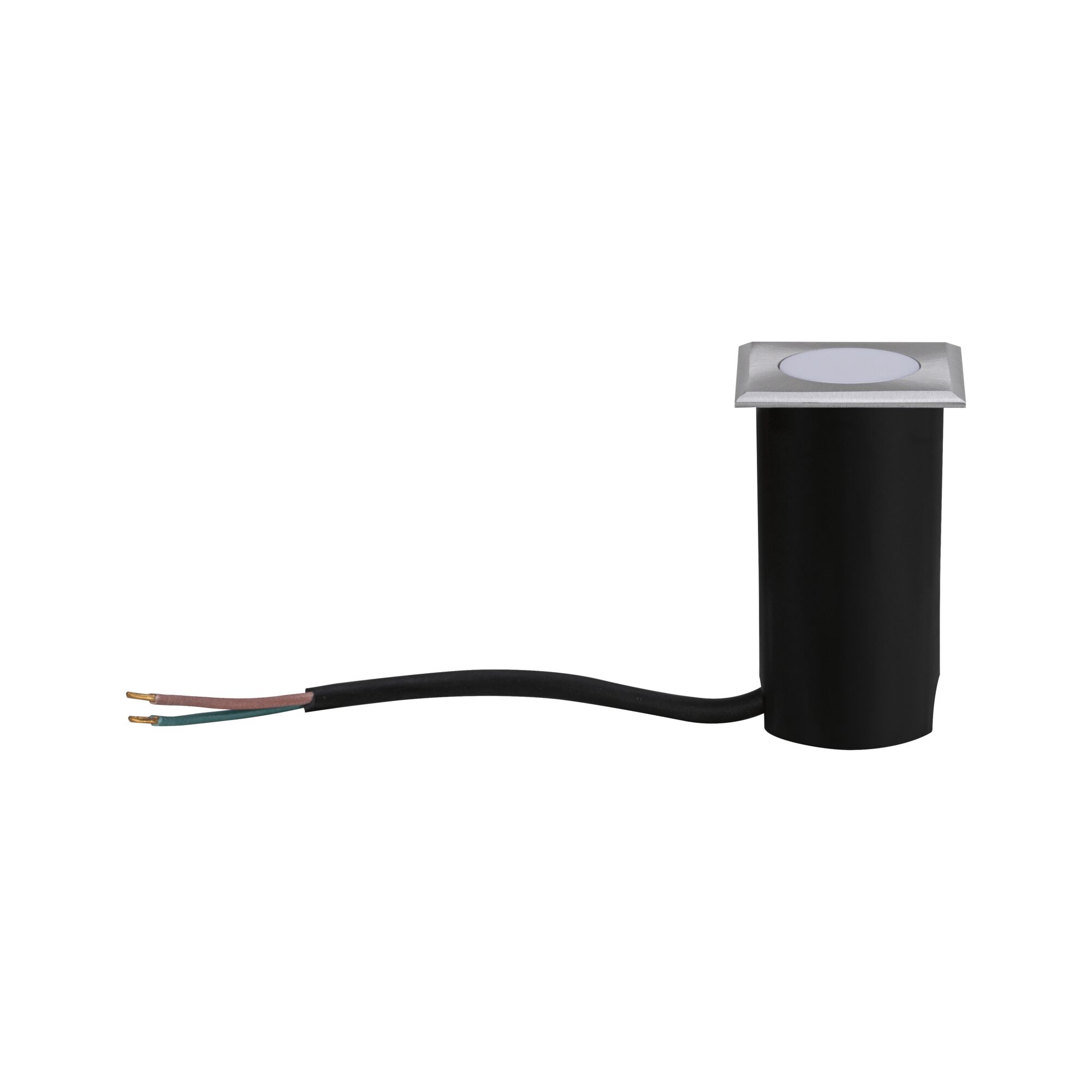 Compacte LED inbouwvloerlicht met roestvrijstalen frame en zwarte behuizing voor buitenverlichting