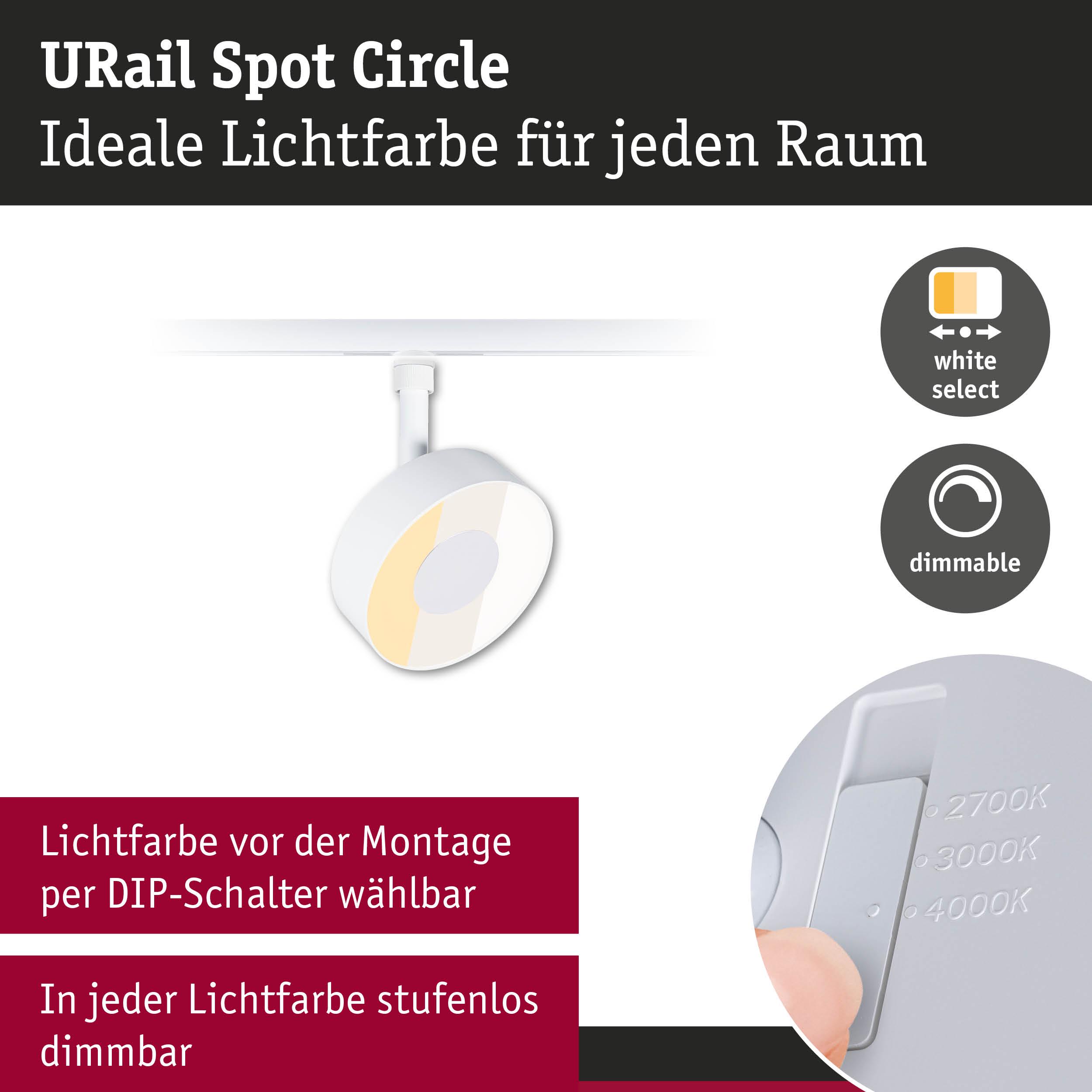 Weißer URail Spot Circle Strahler mit dimmbarer Lichtfarbe und DIP-Schalter zur Farbwahl