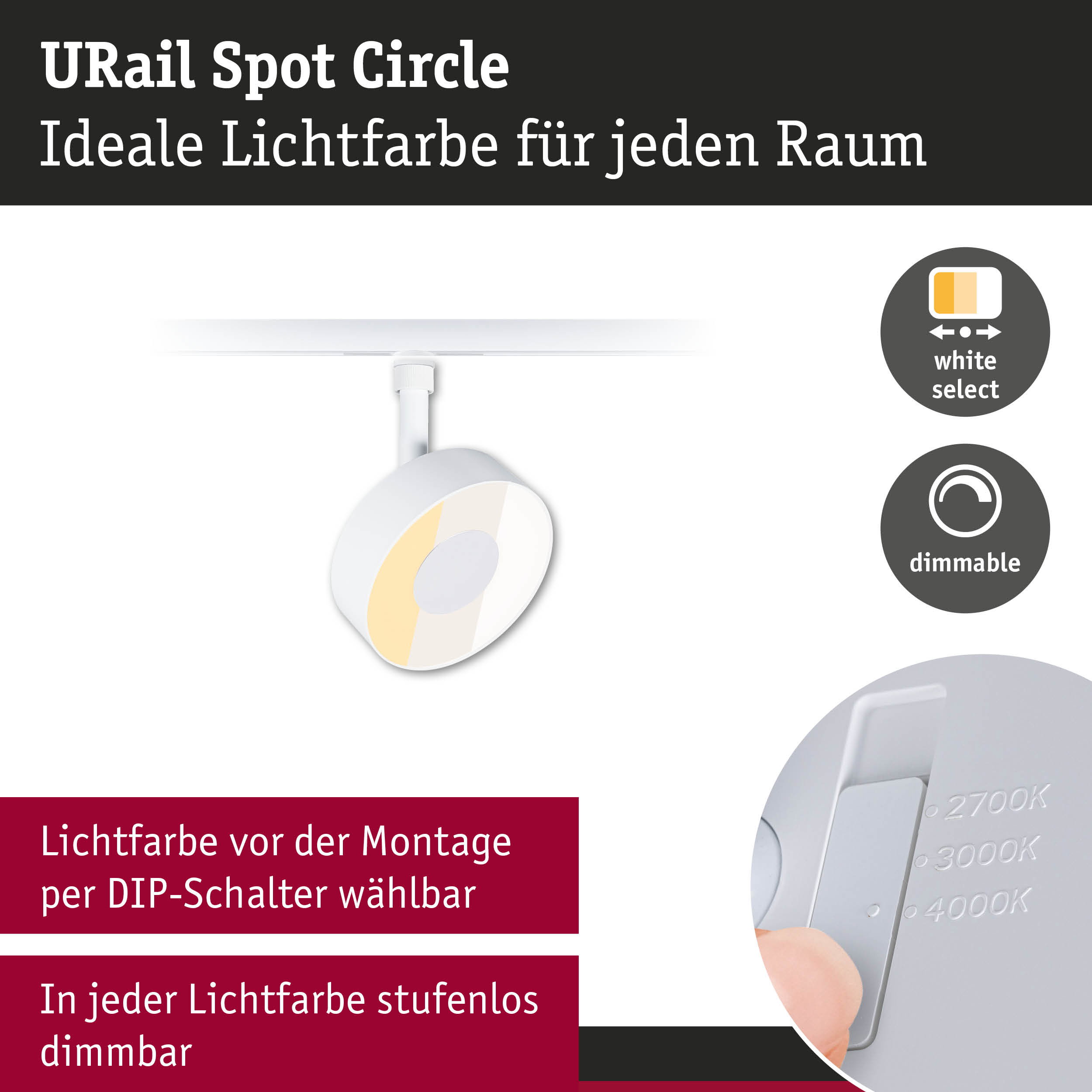 Weißer URail Spot Circle Strahler mit einstellbarer Lichtfarbe und stufenlos dimmbar für flexible Raumbeleuchtung