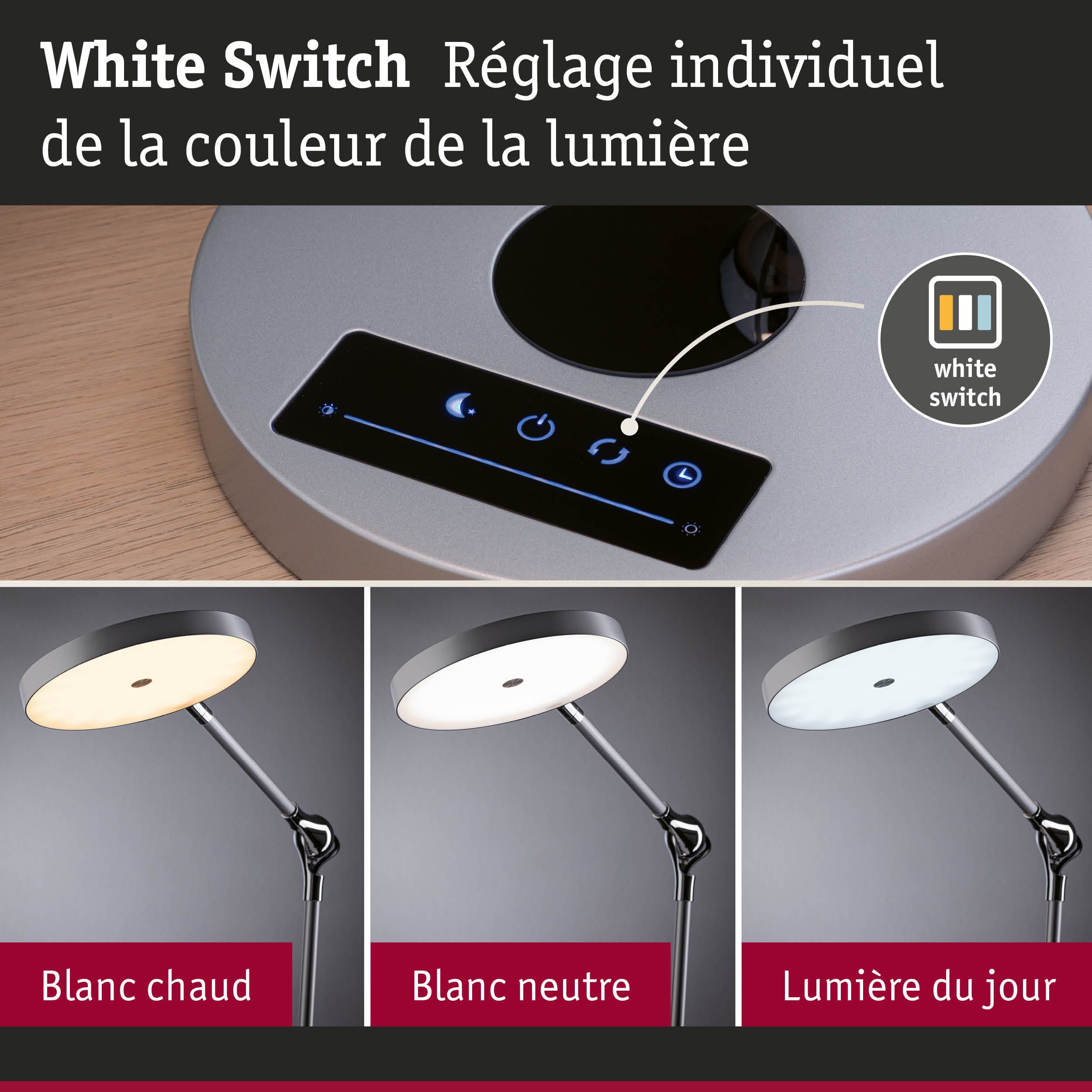 Lampe sur pied moderne avec réglage de la couleur de lumière en blanc chaud, neutre et lumière du jour