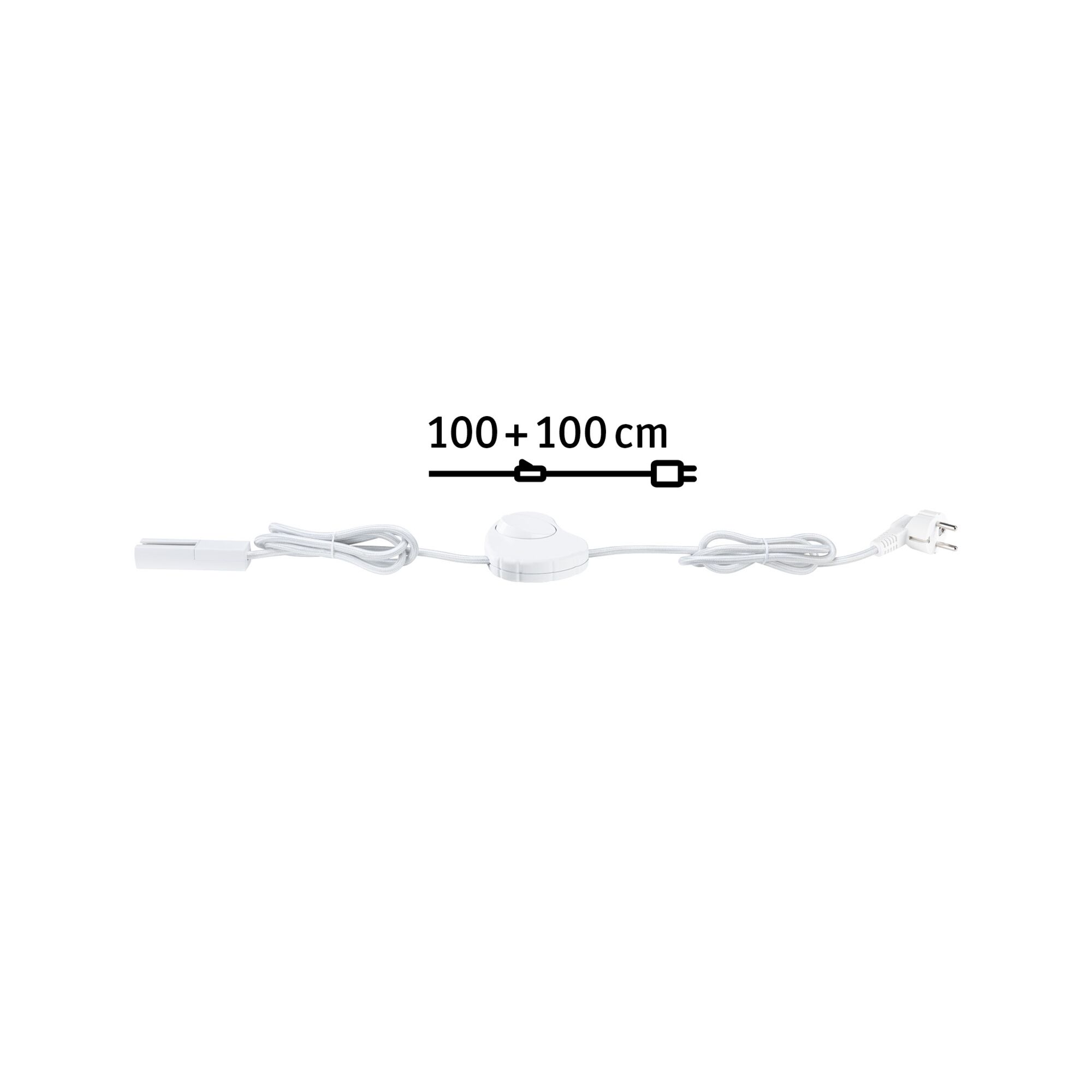 Witte kabel met schakelaar en stekker, 100+100 cm lang, geschikt voor LED-verlichting en lampen.