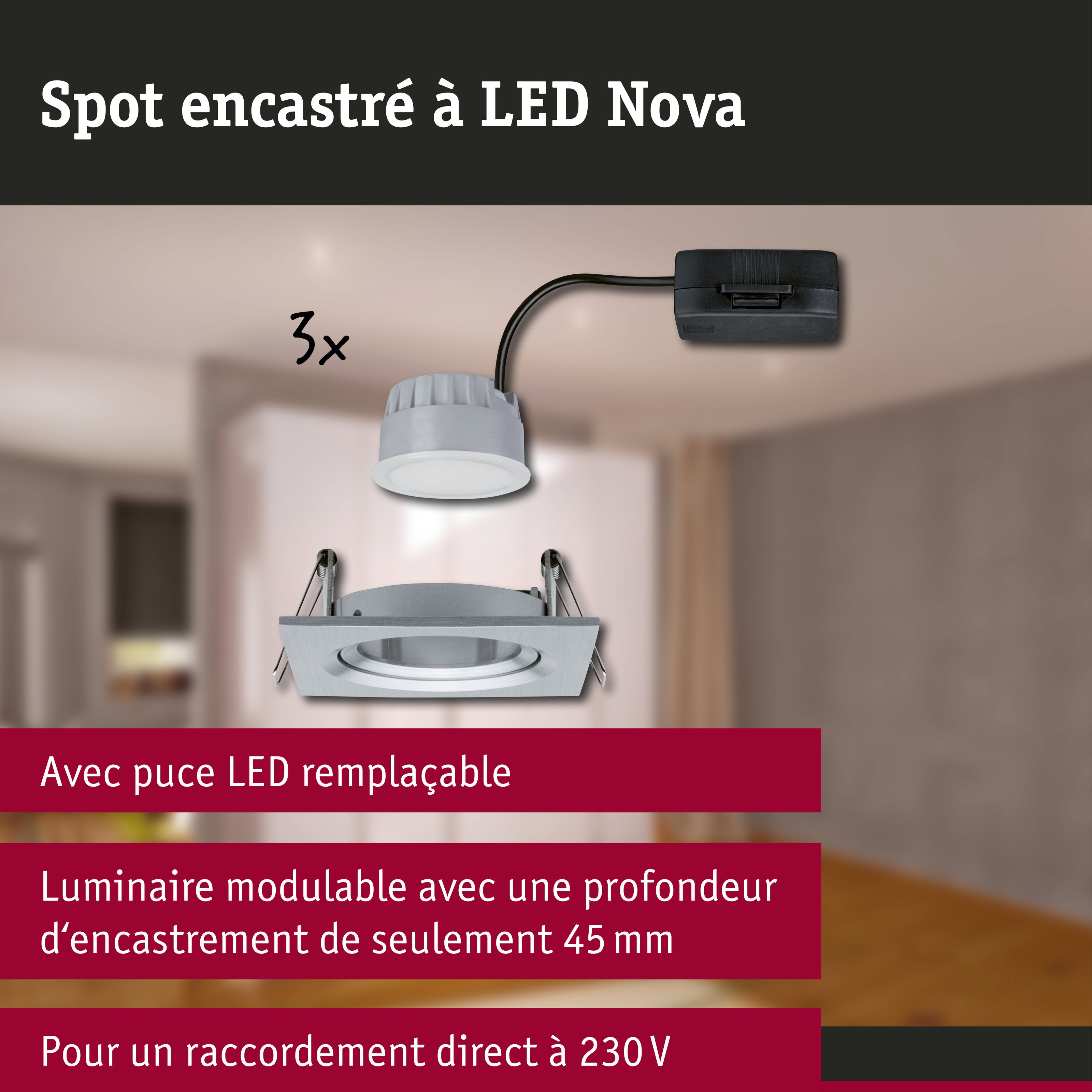 Spot encastré LED 3-Step-Dim Nova Coin Kit de base orientable carré 84x84mm 50° Coin 3x6W 3x470lm 230V gradable 2700K Alu tourné