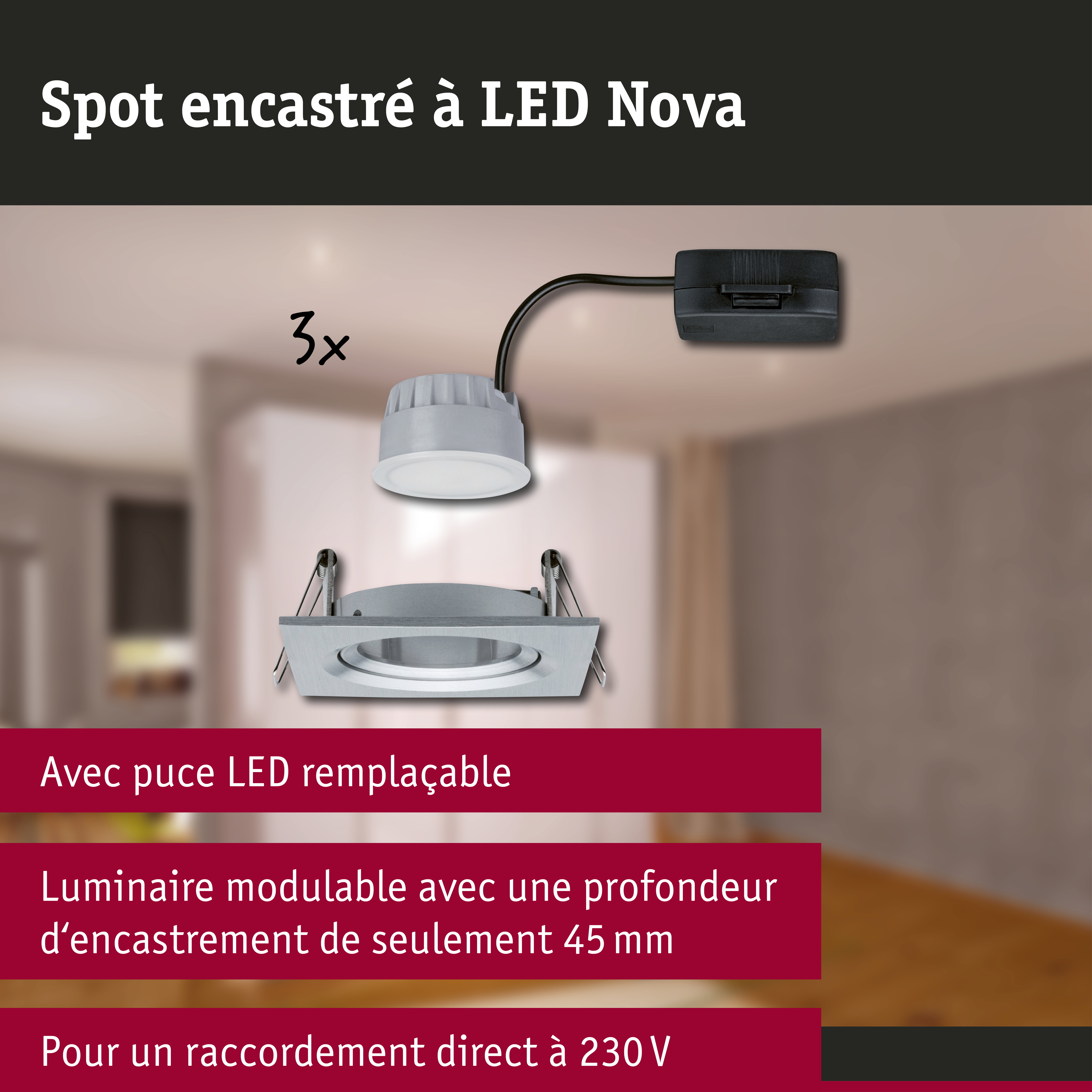 Spot encastré LED 3-Step-Dim Nova Coin Kit de base orientable carré 84x84mm 50° Coin 3x6W 3x470lm 230V gradable 2700K Alu tourné
