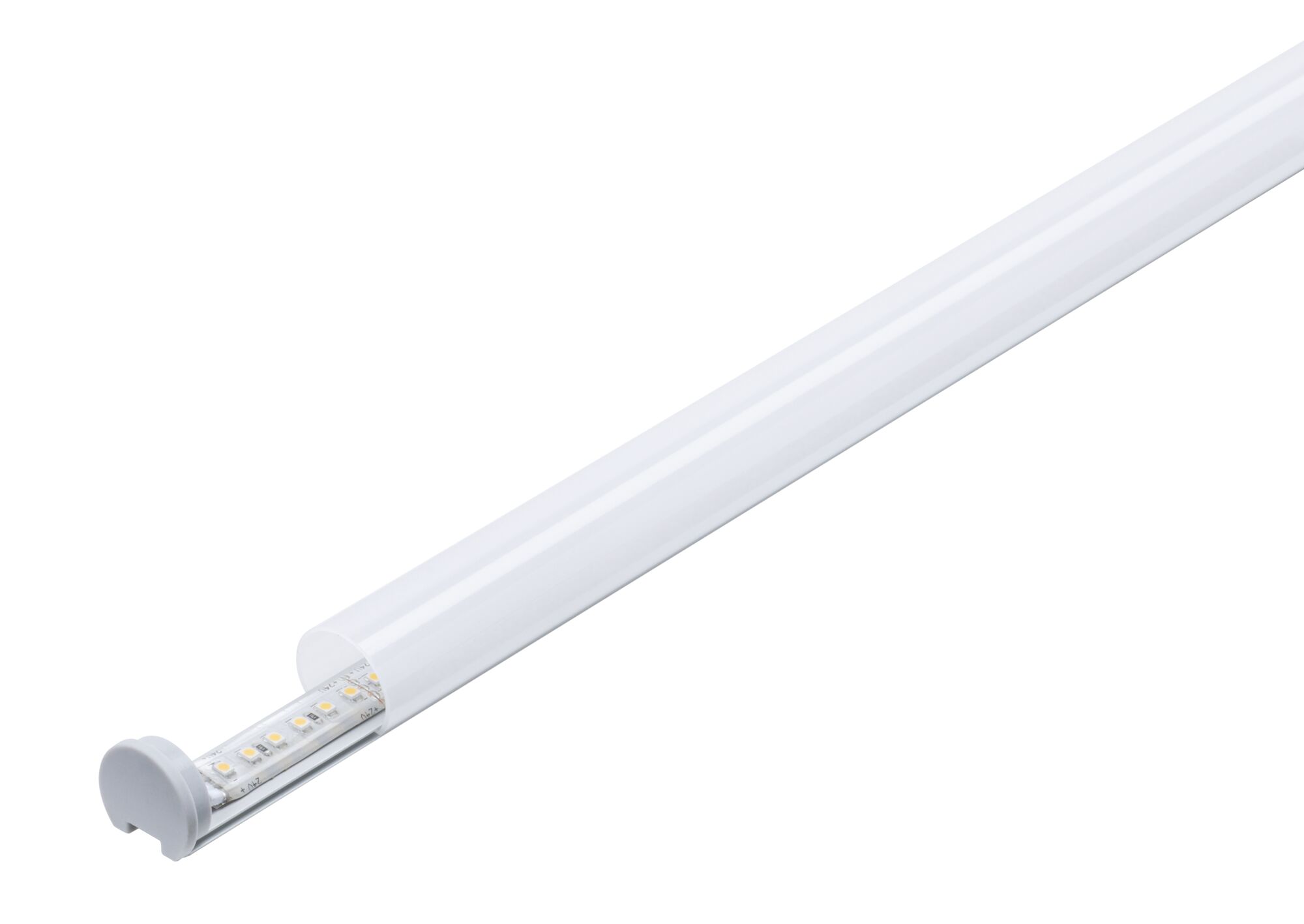 Weiße LED-Lichtleiste mit Kunststoffabdeckung und sichtbaren LED-Chips für moderne Beleuchtung.