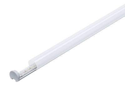Weiße LED-Lichtleiste mit Kunststoffabdeckung und sichtbaren LED-Chips für moderne Beleuchtung.