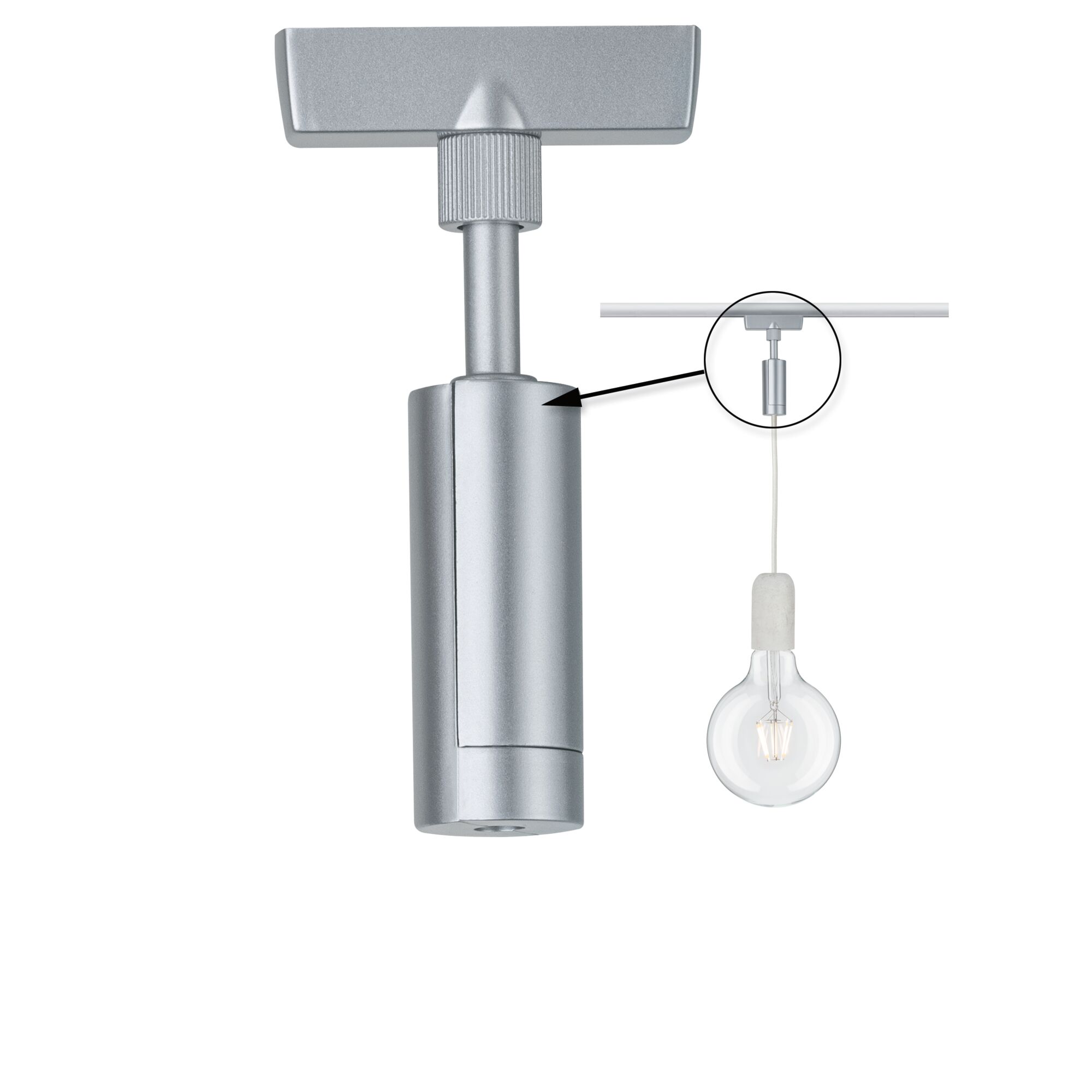 URail Adaptateur de suspension Universal max. 50W 230V Chrome mat Adaptateur de plafond en aluminium argenté pour rails électriques avec vue détaillée de fixation