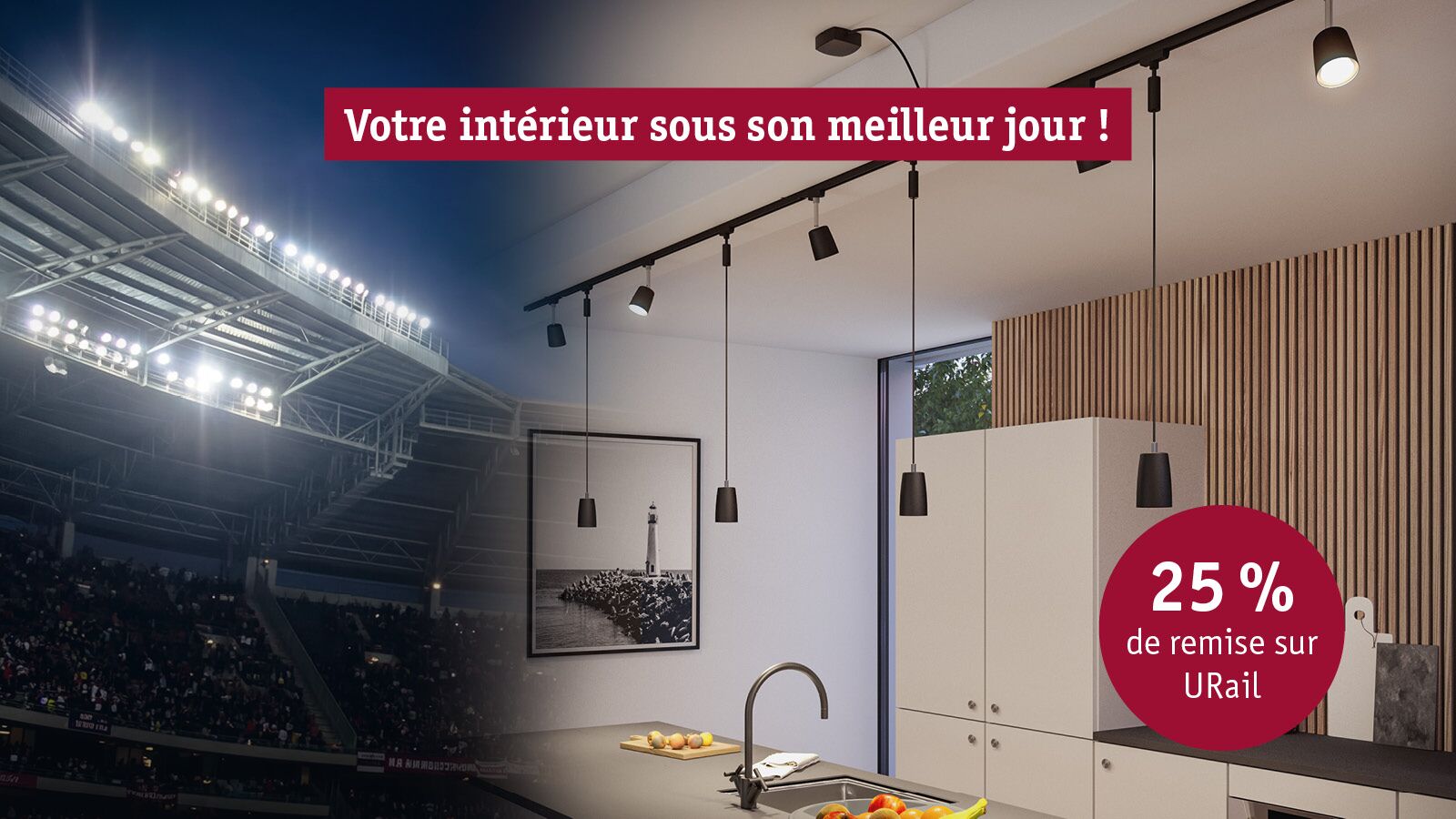 Luminaires suspendus noirs URail modernes dans cuisine blanche avec panneaux bois et îlot central.