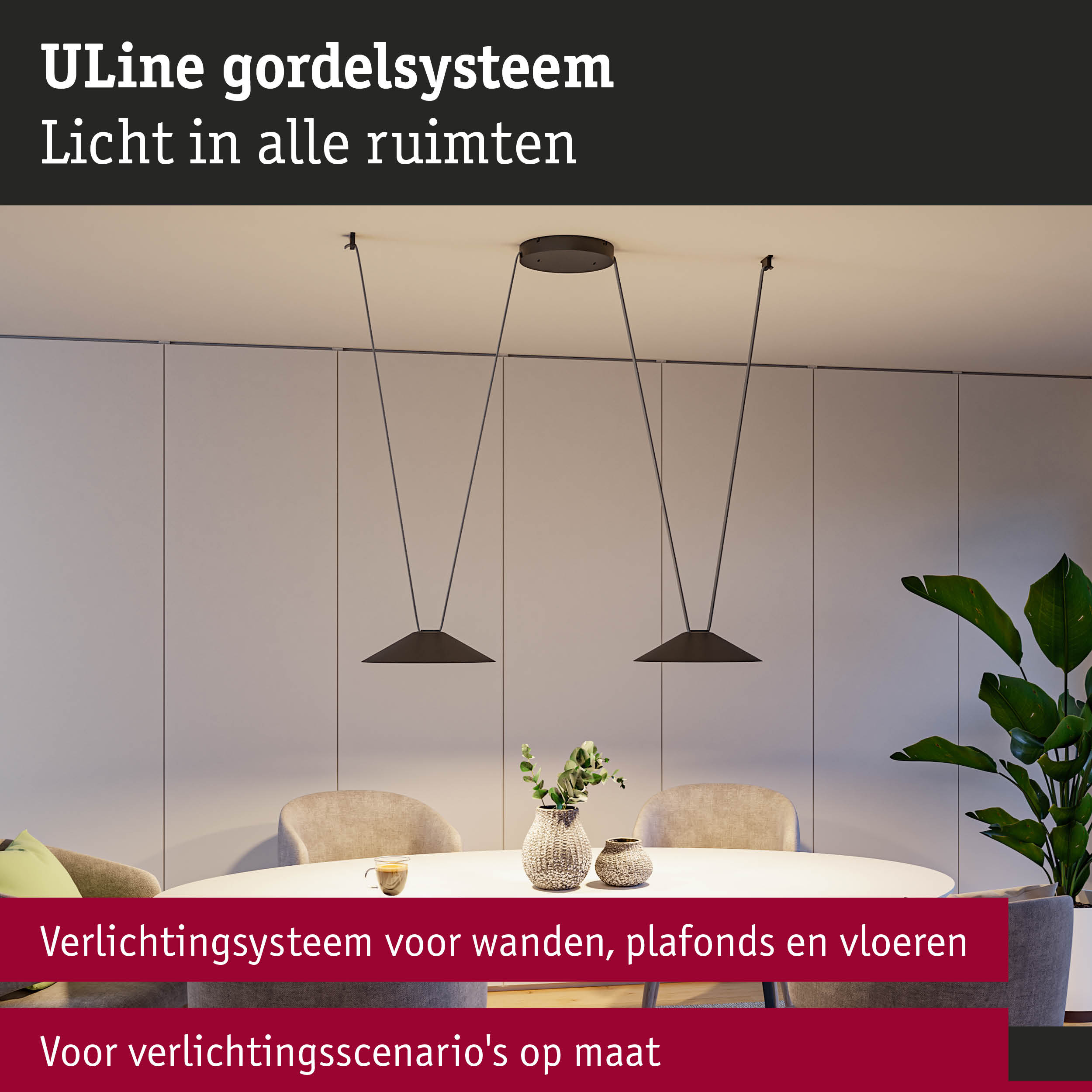Modern zwart ULine pendelverlichtingssysteem boven ronde eettafel met planten en vazen