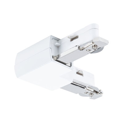 White plastic adapter with metal contacts for track lighting, electrical accessory