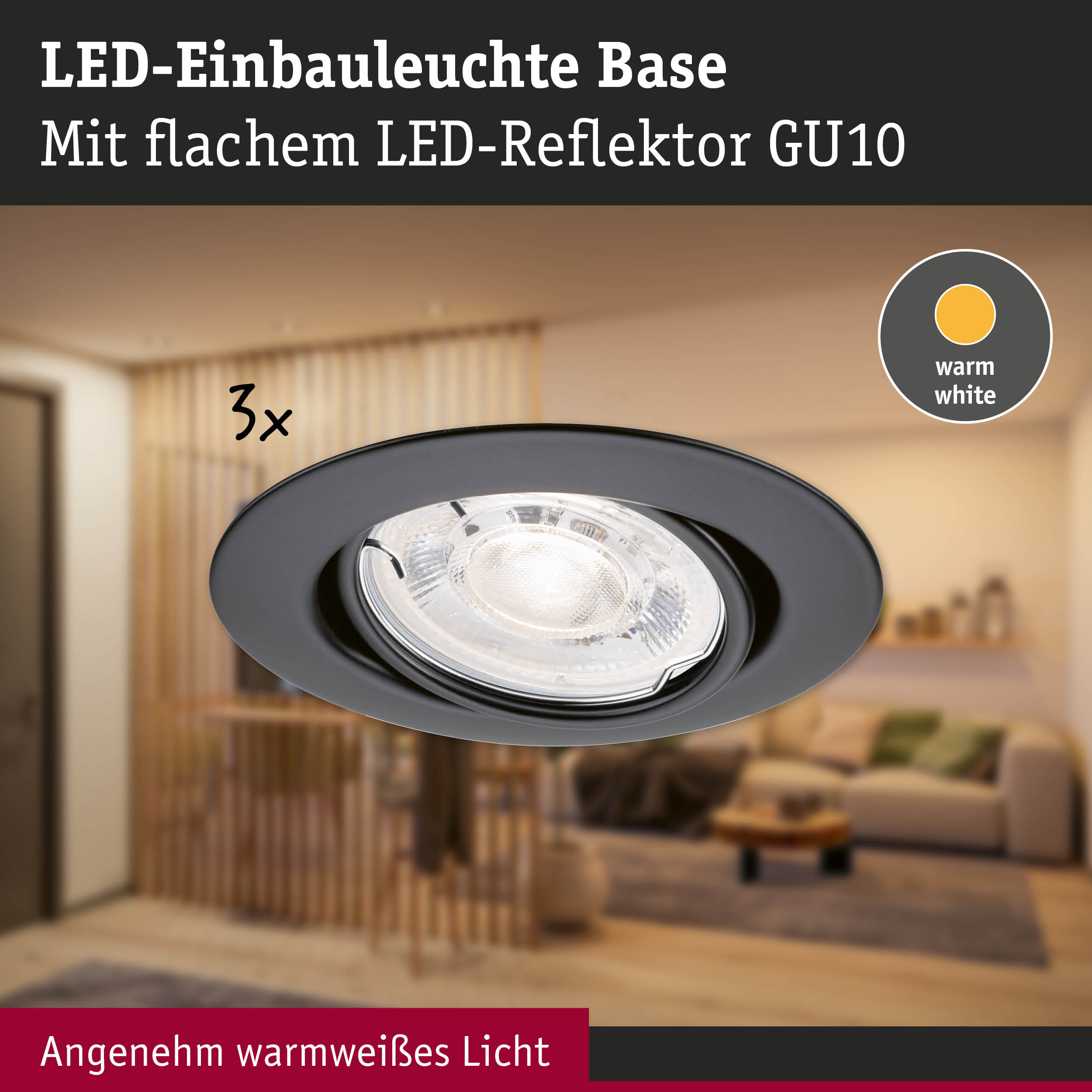 Schwarze LED-Einbauleuchte Base mit flachem GU10 Reflektor und warmweißem Licht für Wohnräume